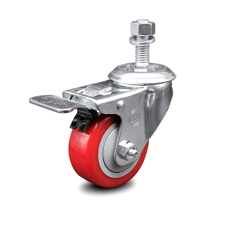 3.5 Inch Red Polyurethane Swivel 12mm Stem Caster With Total Lock Brake